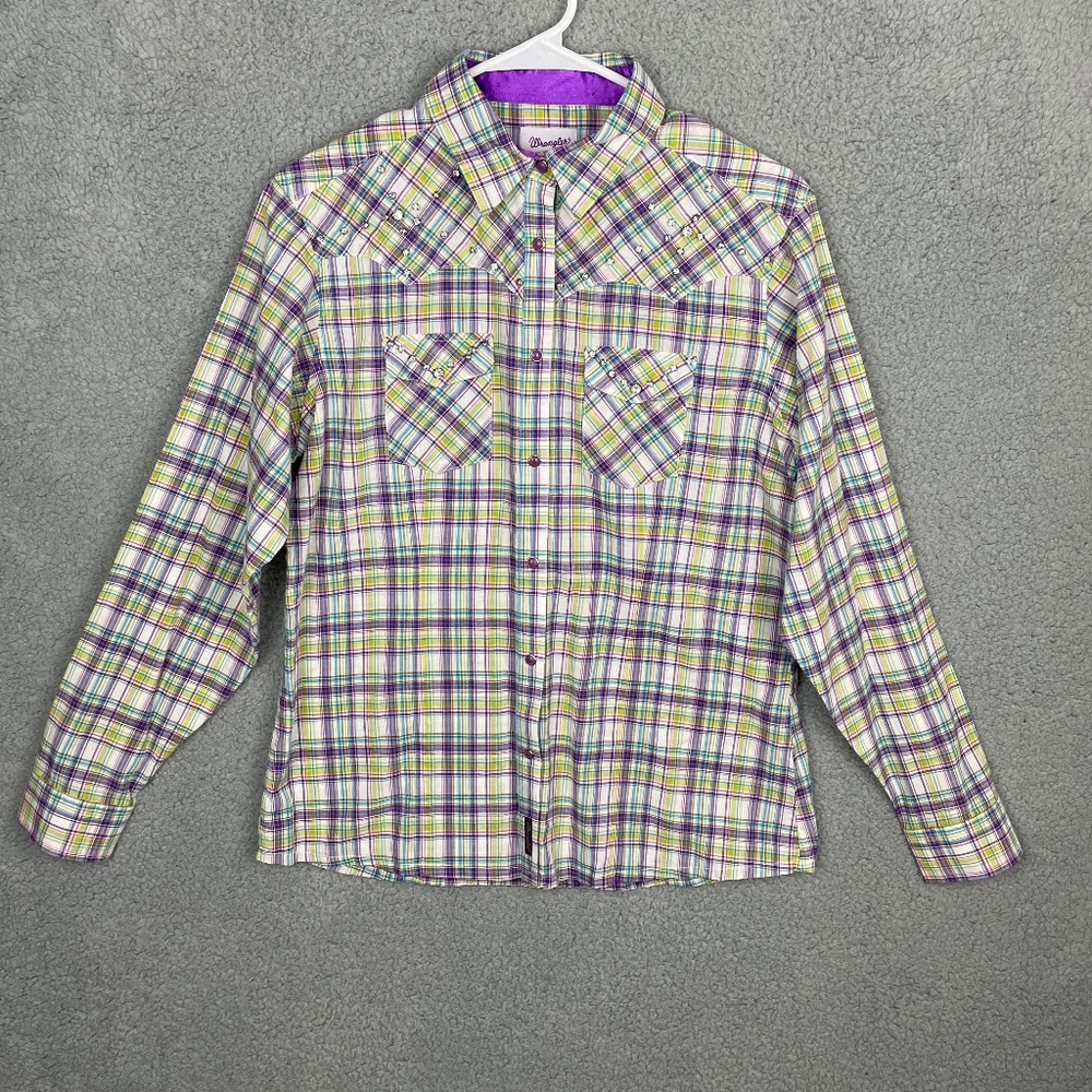 WRANGLER Snap Button Shirt Womens M Plaid Bling Rhinestone Cowgirl L/S Western